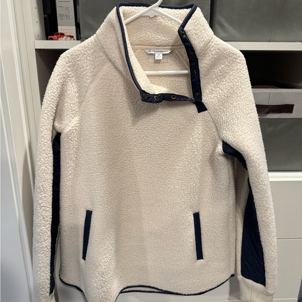 Southern Tide Cream and Navy Fleece Pullover